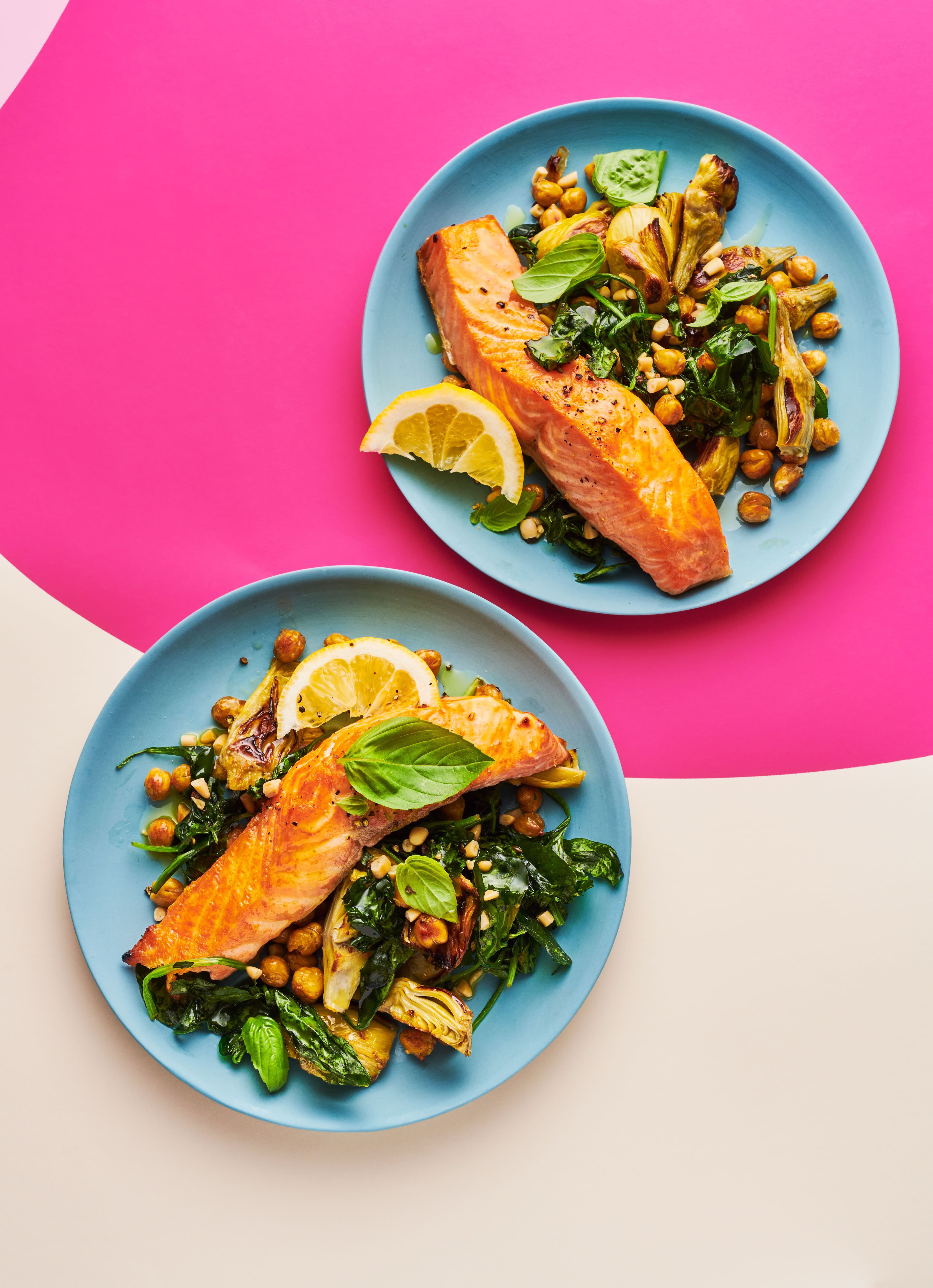 This Sheet Pan Salmon With Artichokes, Chickpeas, And Spinach Recipe Packs 41 Grams Of Protein